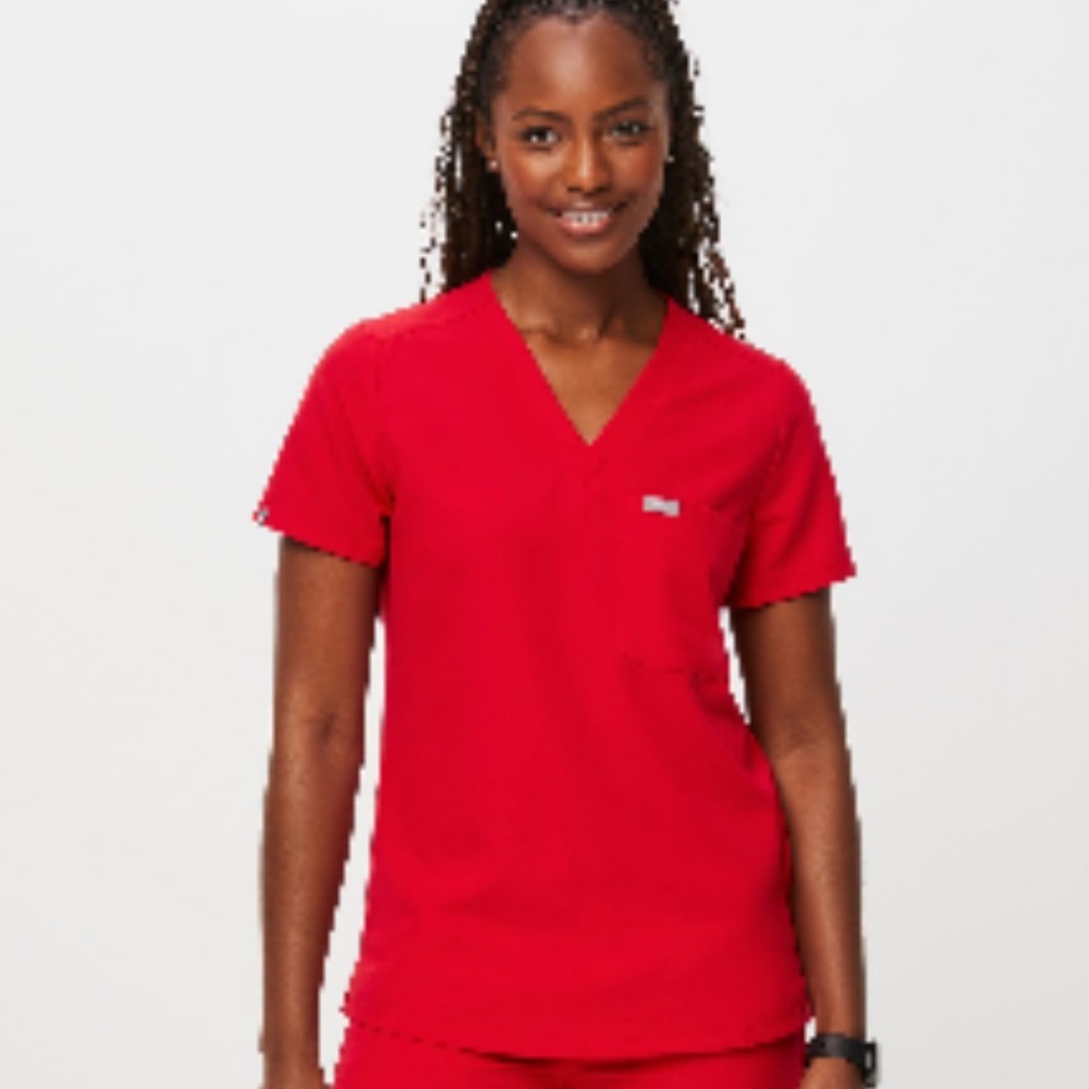 FIGS Women’s OG Pop Red Catarina One-Pocket Scrub Top and Zamora Jogger, Small